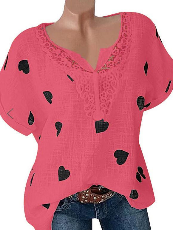 Plus Size Lace Crochet Heart Print Top - RED 2XL