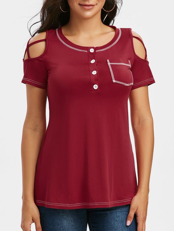 T-shirt Cousu à Epaule Dénudée avec Bouton - Rouge Vineux XL