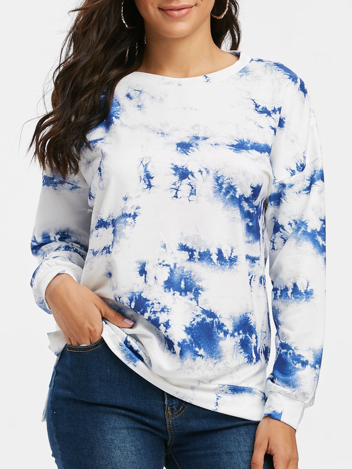 Sweatshirt Ample Teinté Fendu à Goutte Epaule - Bleu L