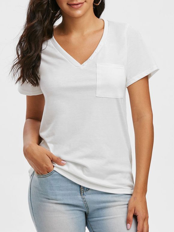 T-shirt en Couleur Unie à Col V avec Bouton avec Poche - Blanc XL
