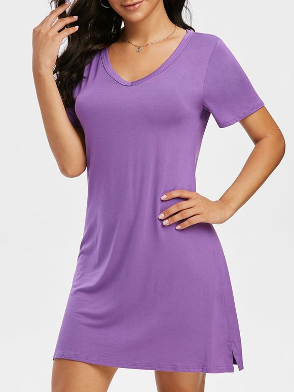 Robe Droite Fende Latérale en Couleur Unie à Col V - Pourpre 2XL