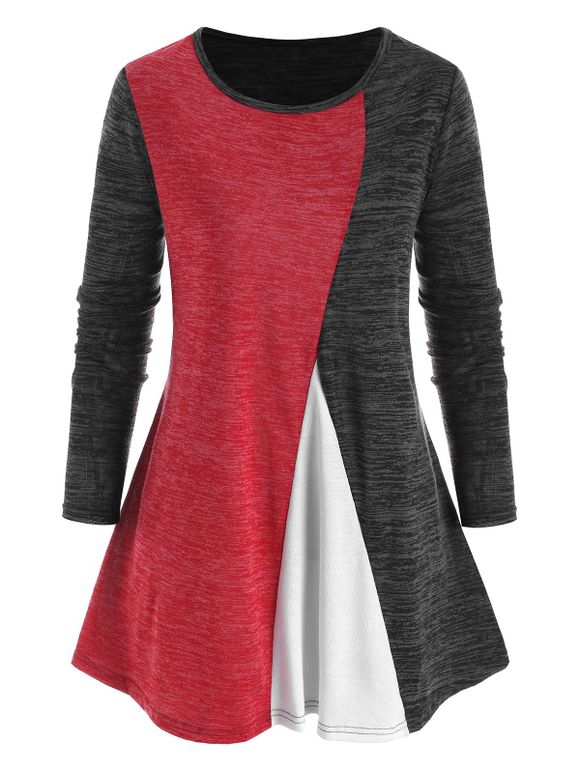 T-shirt Contrasté Teinté Imprimé de Grande Taille - Rouge 5X