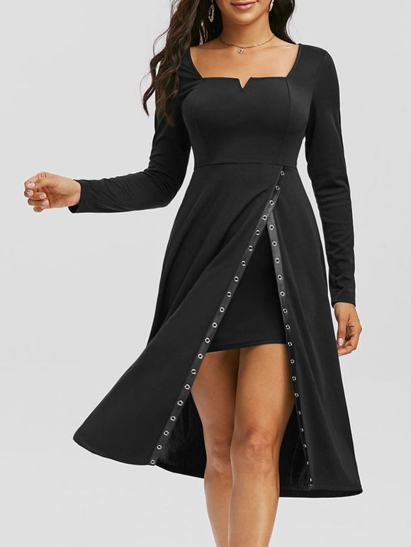 Robe Gothique Fendue en Avant à Œillet Détaillé à Armature en V - Noir XL