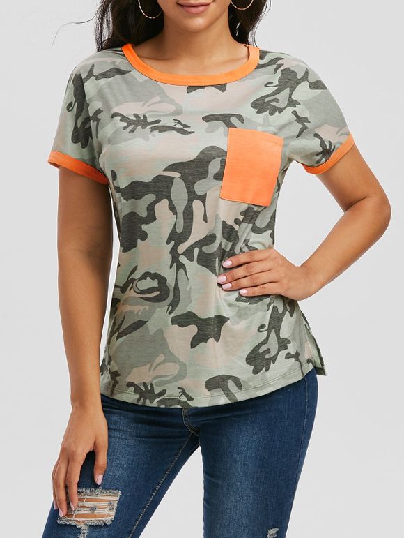 T-shirt Camouflage à Ourlet Contrasté avec Poche - Vert clair M