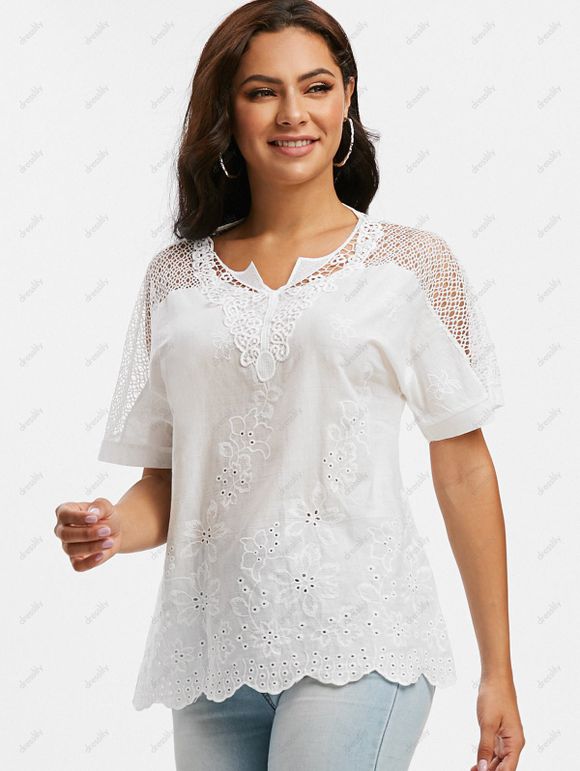 Blouse en Dentelle Insérée en Couleur Unie au Crochet à Col Cranté - Blanc M