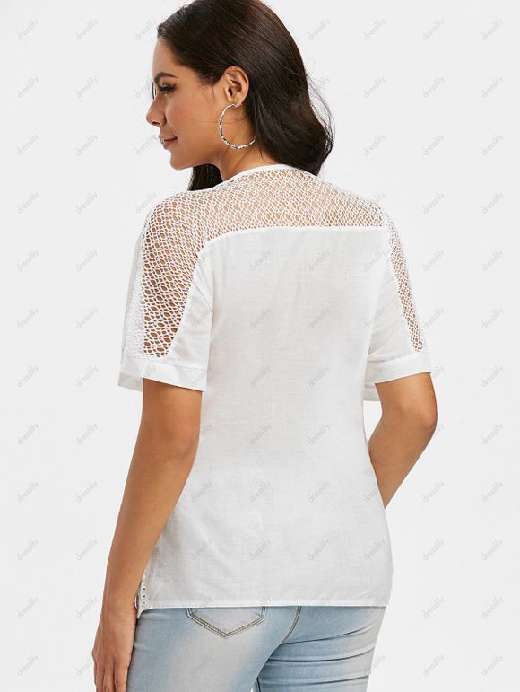 Blouse en Dentelle Insérée en Couleur Unie au Crochet à Col Cranté - Blanc M