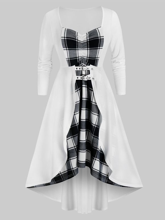 Robe Haute Basse à Carreaux de Grande Taille à Lacets - Blanc 5X