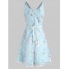 Lace Flower Embroidery Ribbon Belted A Line Dress - LIGHT BLUE S