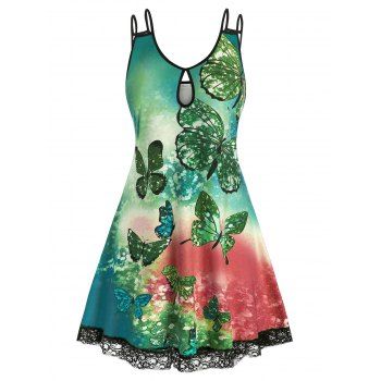 

Plus Size Butterfly Tie Dye Lace Hem Keyhole Dress, Deep green