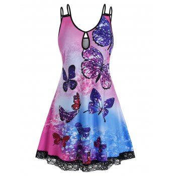 

Plus Size Butterfly Tie Dye Lace Hem Keyhole Dress, Light purple