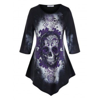 

Plus Size Halloween Skull Floral Print Asymmetric Tee, Black