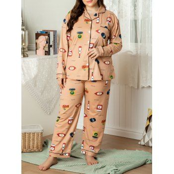 

Piping Cartoon Print Front Pocket Plus Size PJ Set, Light orange