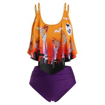 

Plus Size Bat Skeleton Print Halloween Tankini Swimwear, Dark orange