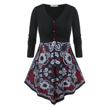 

Plus Size Ruched Floral Print Skirted T Shirt, Black