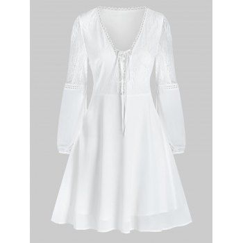 

Plain Lace Up Plunging Neck Mini Long Sleeve Dress, White