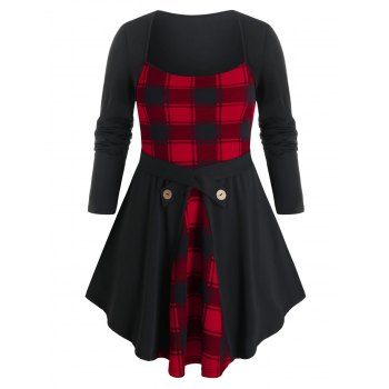 

Plus Size Plaid Long Sleeve Square Neck Tee, Black