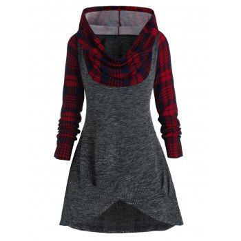 

Plus Size Plaid Hooded Marled Knit Tunic Sweater, Multicolor