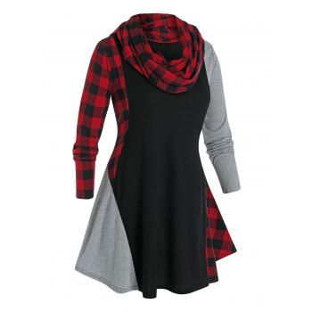 

Plus Size Plaid Contrast Long Sleeve Tee with A Scarf, Multicolor