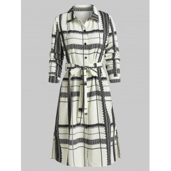 

Tribal Flower Plaid Shirt Dress Print Side Slit Belted Long Sleeve Dress, Warm white