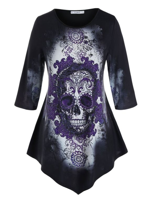 T-shirt d'Halloween Asymétrique Crâne et Fleur Imprimés de Grande Taille - Noir 3X