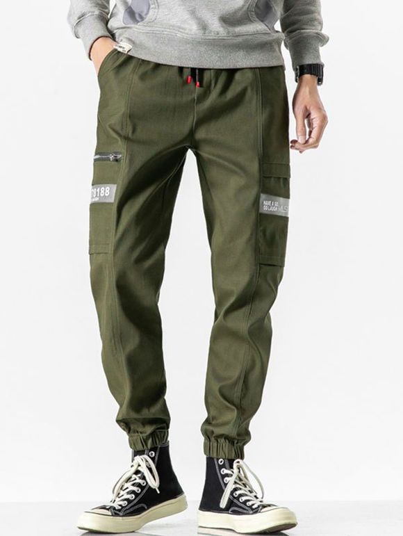 Pantalon Cargo Décontracté à Imprimé Lettre à Cordon - Vert Armée M