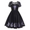 V-back Lace Panel Moon Print Halloween Plus Size Dress - BLACK 3X