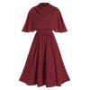 Heart Print Belted Butterfly Sleeve Dress - RED WINE M