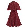 Heart Print Belted Butterfly Sleeve Dress - RED WINE 2XL