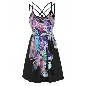 Feather Print Strappy Belted Dress