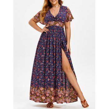 

Plus Size Tiny Floral Print High Slit Maxi Dress, Deep blue