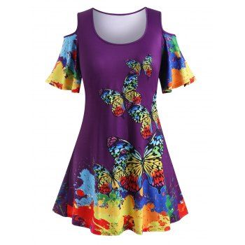 Plus Size Cold Shoulder Rainbow Butterfly Print T Shirt