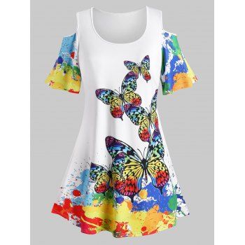 

Plus Size Cold Shoulder Rainbow Butterfly Print T Shirt, White