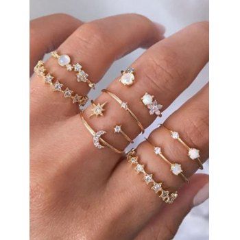 

9Pcs Stars Crescent Rhinestone Rings Set, Golden