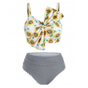 

Plus Size Sunflower Print Bowknot Striped Tankini Swimwear, Yellow