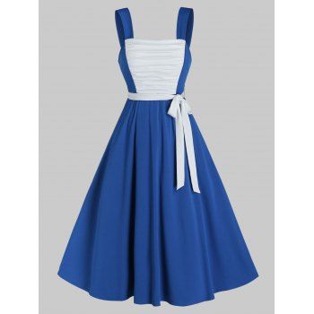 

Sleeveless Ruched Front Belted Flare Dress, Cobalt blue
