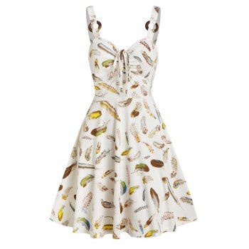 

Feather Pattern Drawstring A Line Sundress, Milk white