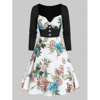 Floral Print Faux Twinset Mock Button Mini Dress