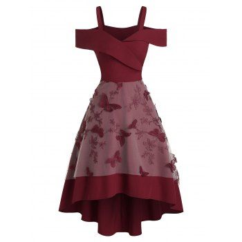 

Floral Butterfly Open Shoulder Layered Mesh Dip Hem Dress, Red wine