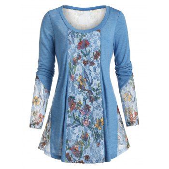 

Casual Sheer Floral Lace Insert Longline T Shirt, Light sky blue