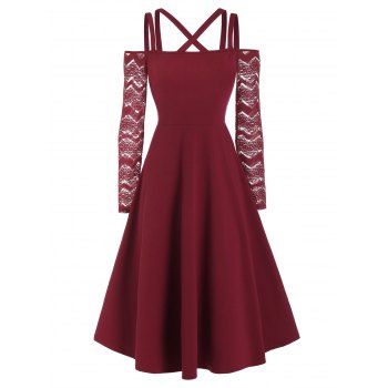 

Straps Lace Sleeve Fit And Flare Dress, Red wine