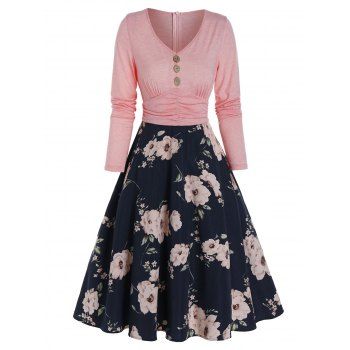 

Floral Print Mock Button 2 In 1 High Waist Midi Dress, Light pink