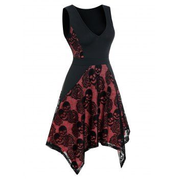 

Floral Skull Lace Asymmetrical Sleeveless Dress, Multicolor a