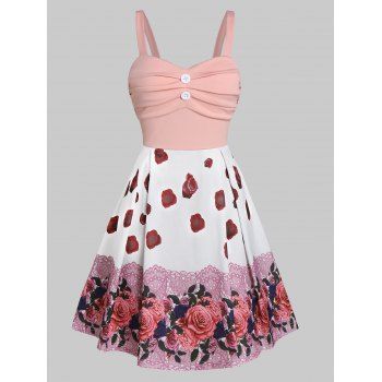 Image of Sleeveless Flower Print Button Ruched Dress