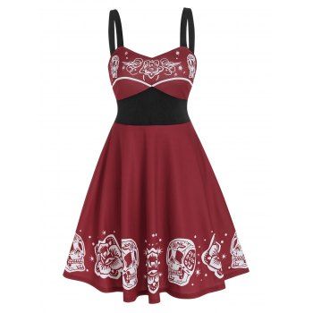 

Floral Skull Print Empire Waist Gothic Cami Dress, Red wine