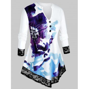 

Plus Size Watercolor Floral Print Lace Panel T-shirt, Milk white