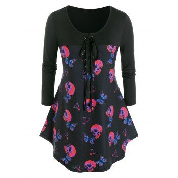 

Plus Size Skull Butterfly Musical Notes Long Sleeve Tee, Black