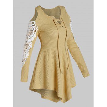 

Open Shoulder Lace Panel Asymmetrical T Shirt, Goldenrod