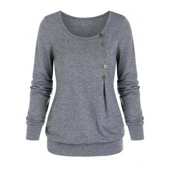 

Mock Button Heathered Blouson T-shirt, Ash gray