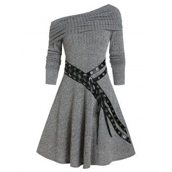 

One Shoulder Belted Knitted A Line Dress, Dark gray
