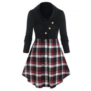 

Plus Size Plaid Mock Button Long Sleeves Tunic Tee, Black